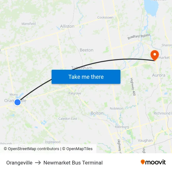 Orangeville to Newmarket Bus Terminal map