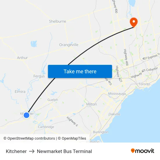 Kitchener to Newmarket Bus Terminal map