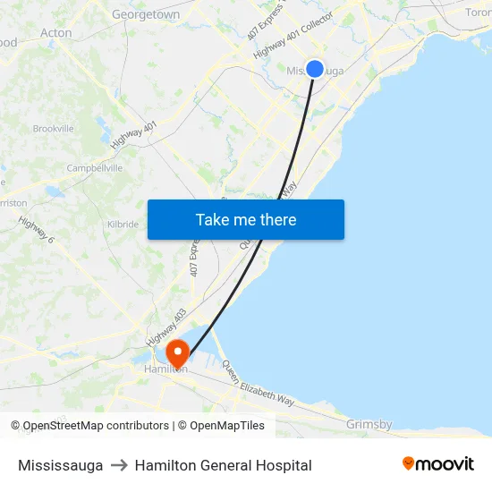 Mississauga to Hamilton General Hospital map