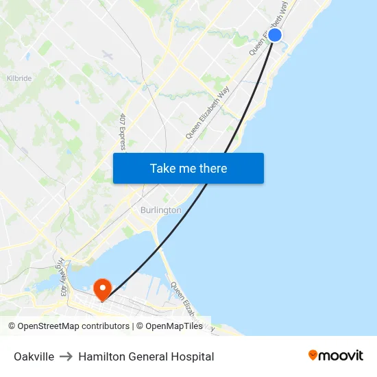 Oakville to Hamilton General Hospital map