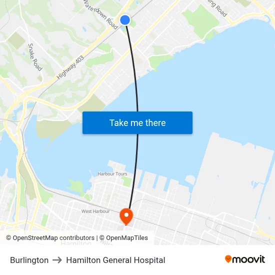 Burlington to Hamilton General Hospital map