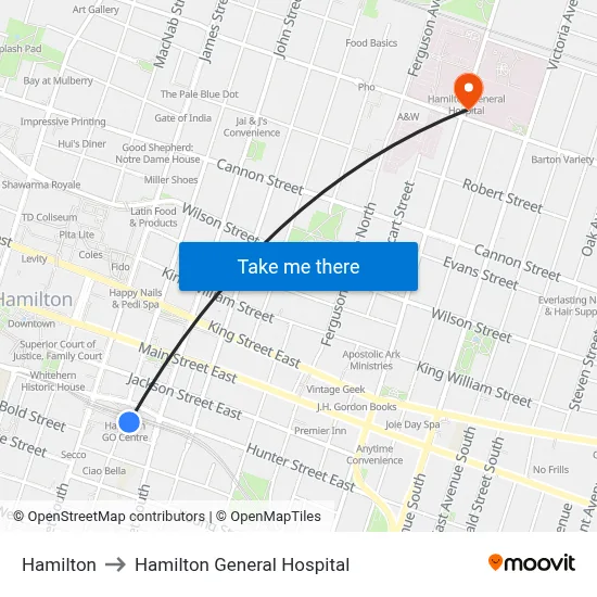 Hamilton to Hamilton General Hospital map