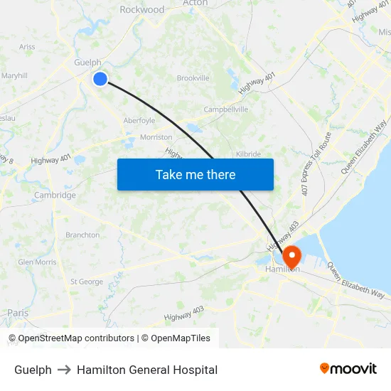 Guelph to Hamilton General Hospital map