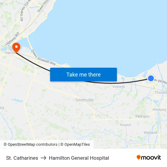 St. Catharines to Hamilton General Hospital map