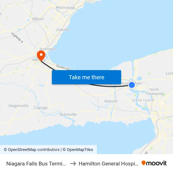 Niagara Falls Bus Terminal to Hamilton General Hospital map