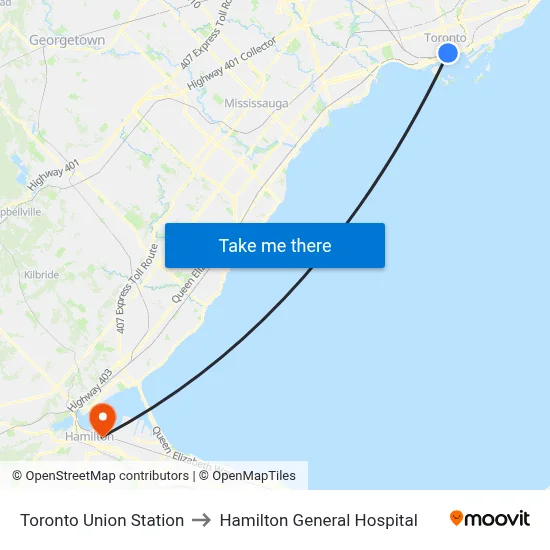 Toronto Union Station to Hamilton General Hospital map