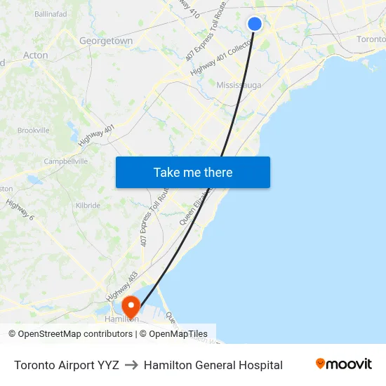 Toronto Airport YYZ to Hamilton General Hospital map