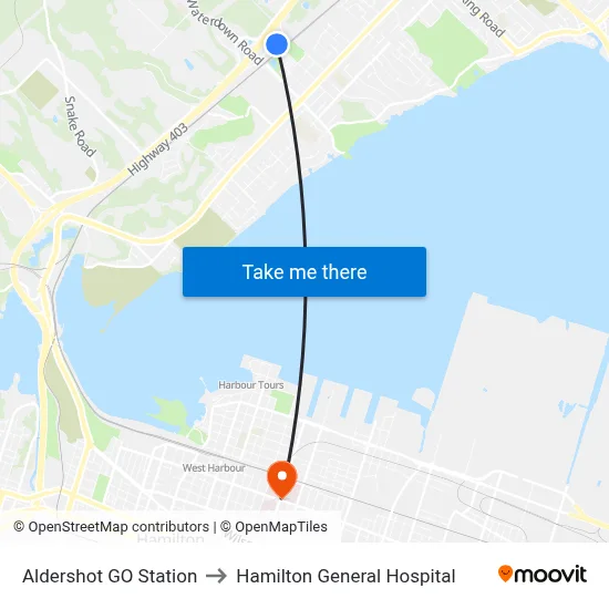 Aldershot GO Station to Hamilton General Hospital map