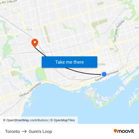 Toronto to Gunn's Loop map