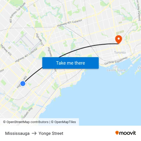 Mississauga to Yonge Street map
