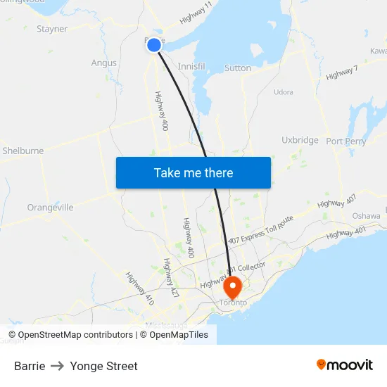 Barrie to Yonge Street map