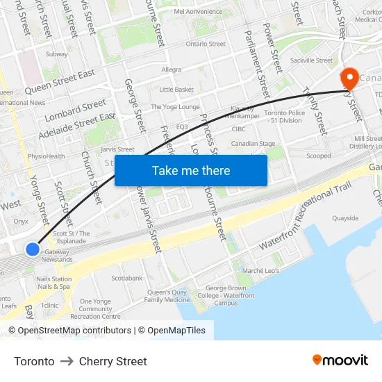 Toronto to Cherry Street map