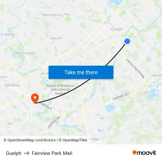Guelph to Fairview Park Mall map