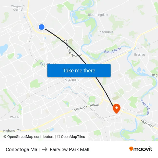 Conestoga Mall to Fairview Park Mall map