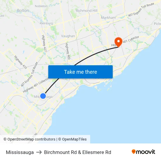 Mississauga to Birchmount Rd & Ellesmere Rd map