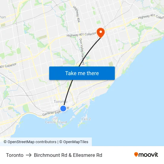 Toronto to Birchmount Rd & Ellesmere Rd map