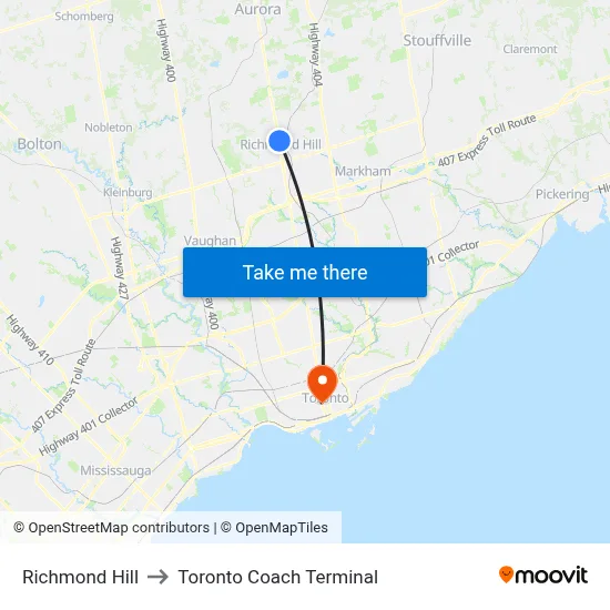 Richmond Hill to Toronto Coach Terminal map