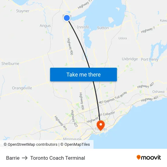 Barrie to Toronto Coach Terminal map