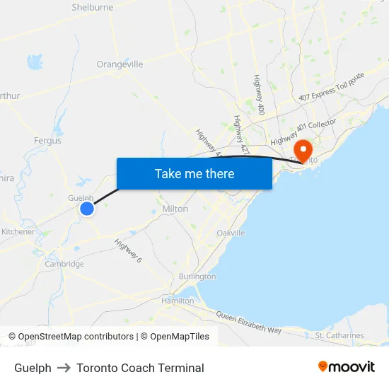 Guelph to Toronto Coach Terminal map