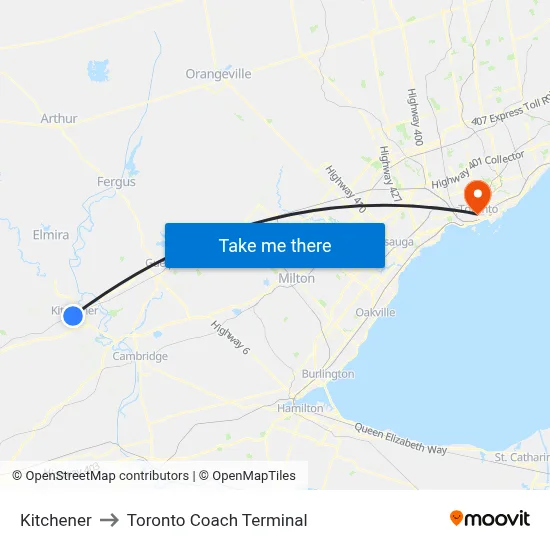 Kitchener to Toronto Coach Terminal map