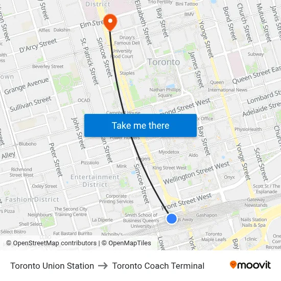 Toronto Union Station to Toronto Coach Terminal map