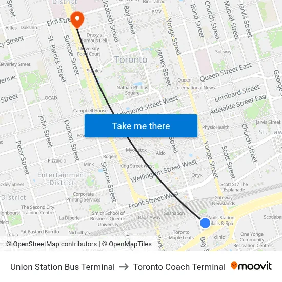 Union Station Bus Terminal to Toronto Coach Terminal map