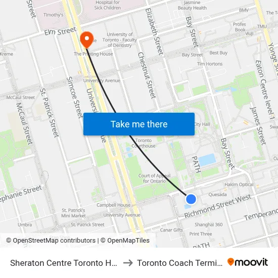 Sheraton Centre Toronto Hotel to Toronto Coach Terminal map