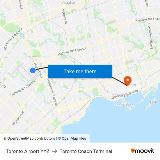 Toronto Airport YYZ to Toronto Coach Terminal map