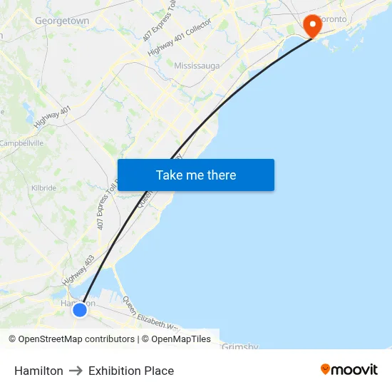 Hamilton to Exhibition Place map