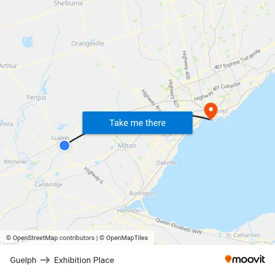 Guelph to Exhibition Place map