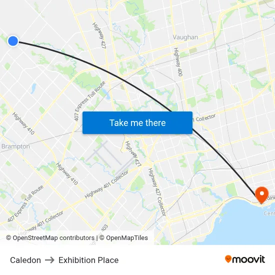 Caledon to Exhibition Place map