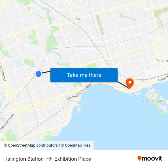 Islington Station to Exhibition Place map