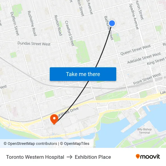 Toronto Western Hospital to Exhibition Place map
