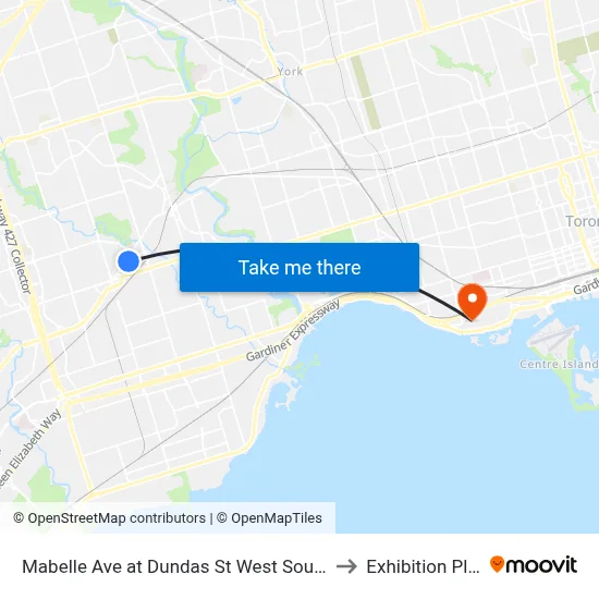 Mabelle Ave at Dundas St West South Side to Exhibition Place map