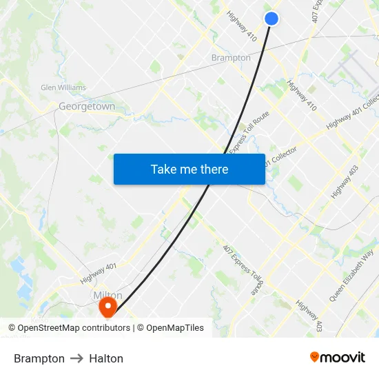 Brampton to Halton map