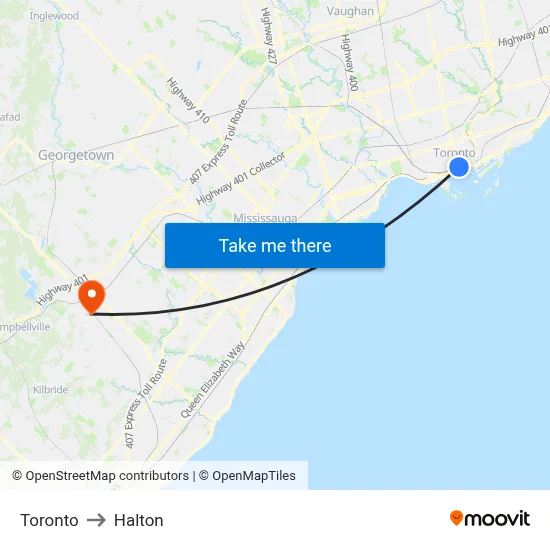 Toronto to Halton map