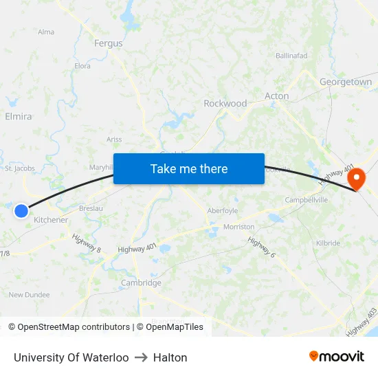 University Of Waterloo to Halton map