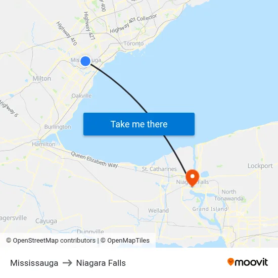 Mississauga to Niagara Falls map