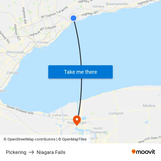 Pickering to Niagara Falls map
