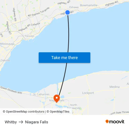 Whitby to Niagara Falls map