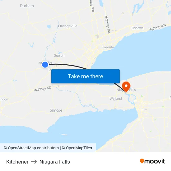 Kitchener to Niagara Falls map