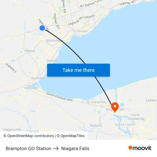 Brampton GO Station to Niagara Falls map