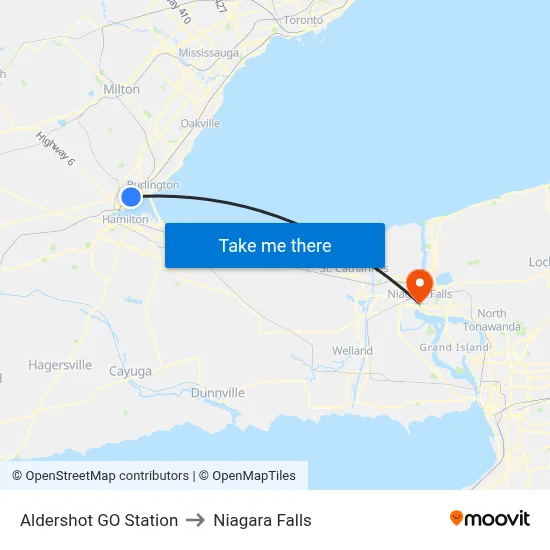 Aldershot GO Station to Niagara Falls map
