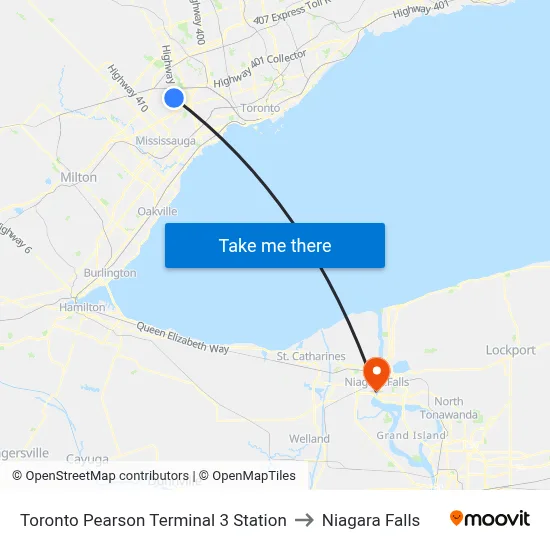 Toronto Pearson Terminal 3 Station to Niagara Falls map
