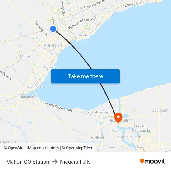 Malton GO Station to Niagara Falls map