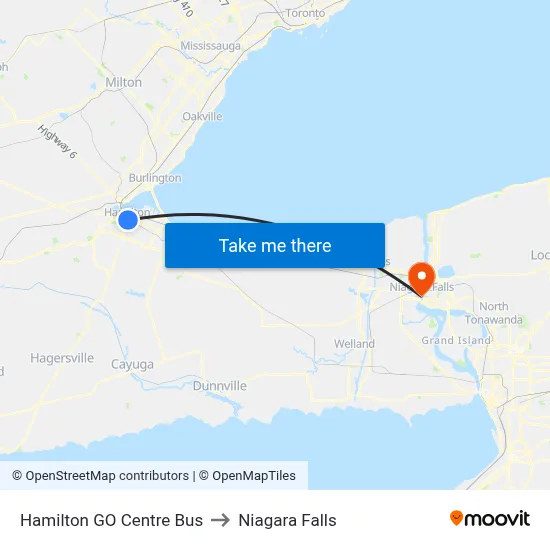 Hamilton GO Centre Bus to Niagara Falls map