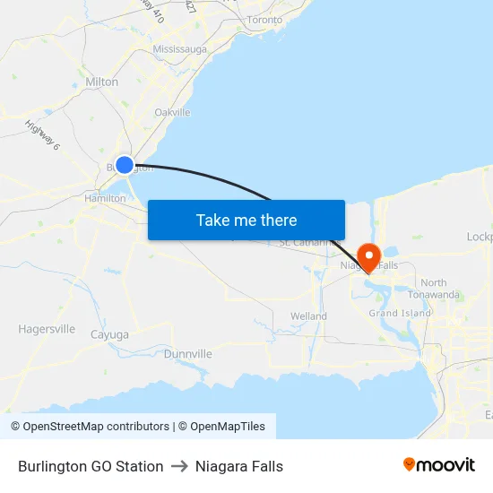 Burlington GO Station to Niagara Falls map