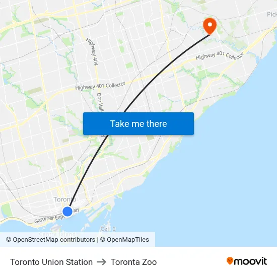 Toronto Union Station to Toronta Zoo map