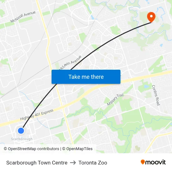 Scarborough Town Centre to Toronta Zoo map