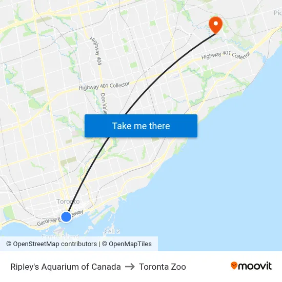 Ripley's Aquarium of Canada to Toronta Zoo map